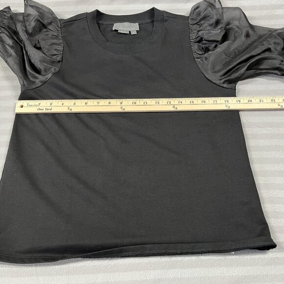 by Anthropologie Shirt Womens Medium Black Puff Sleeve Mixed Media Ruched Satin - Picture 4 of 7
